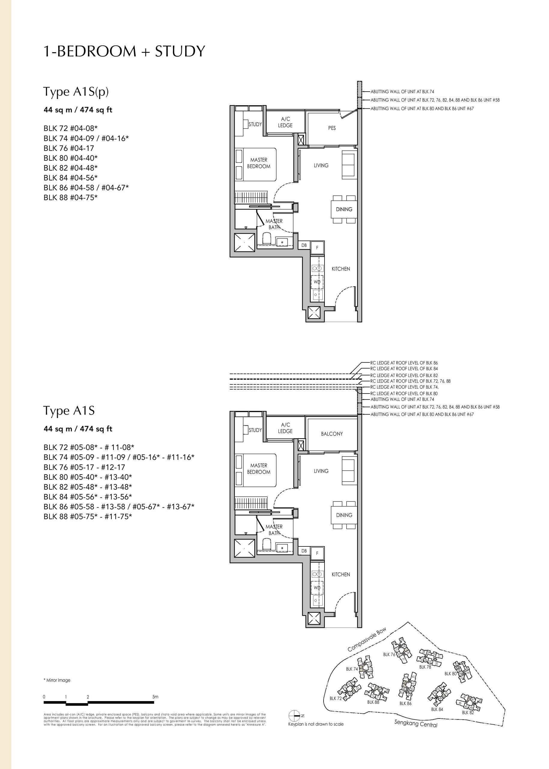 Sengkang Grand Residences 1 Bedroom + Study Type A1S(p), A1S Floor Plans