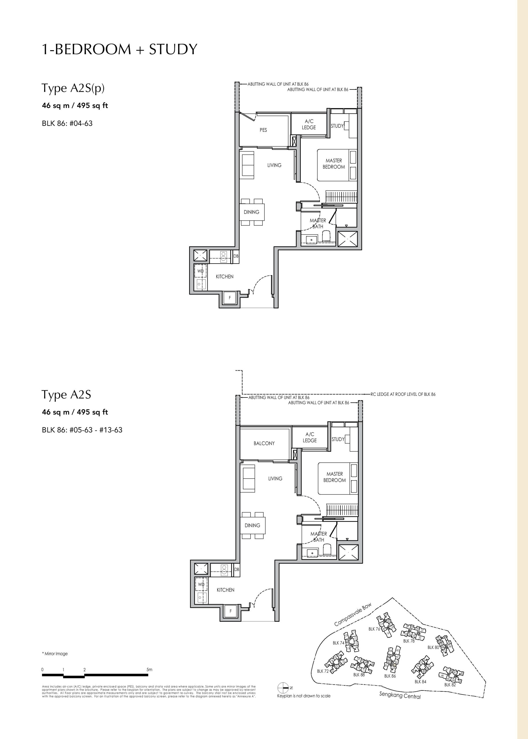 Sengkang Grand Residences 1 Bedroom + Study Type A2S(p), A2S Floor Plans