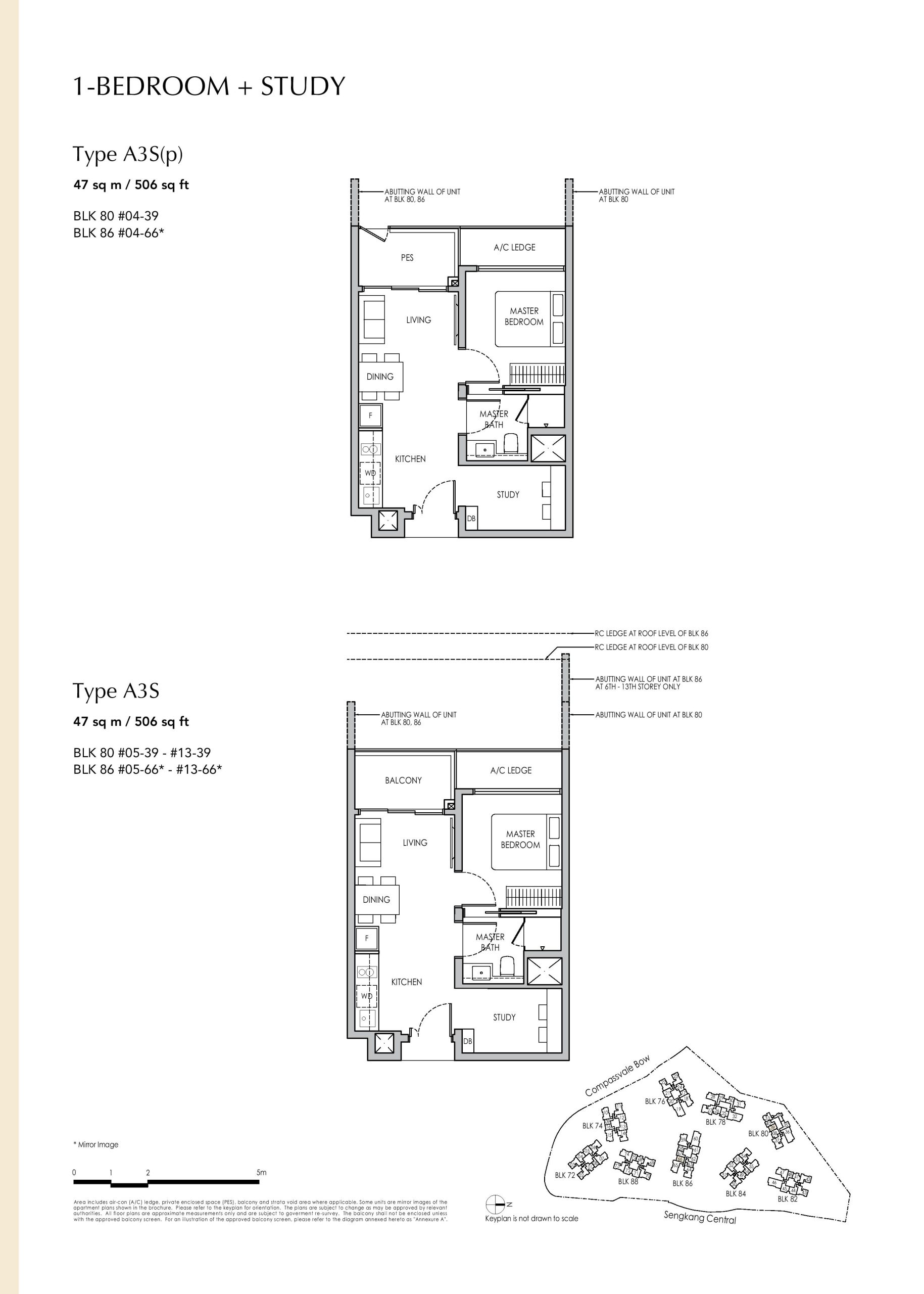 Sengkang Grand Residences 1 Bedroom + Study Type A3S(p), A3S Floor Plans