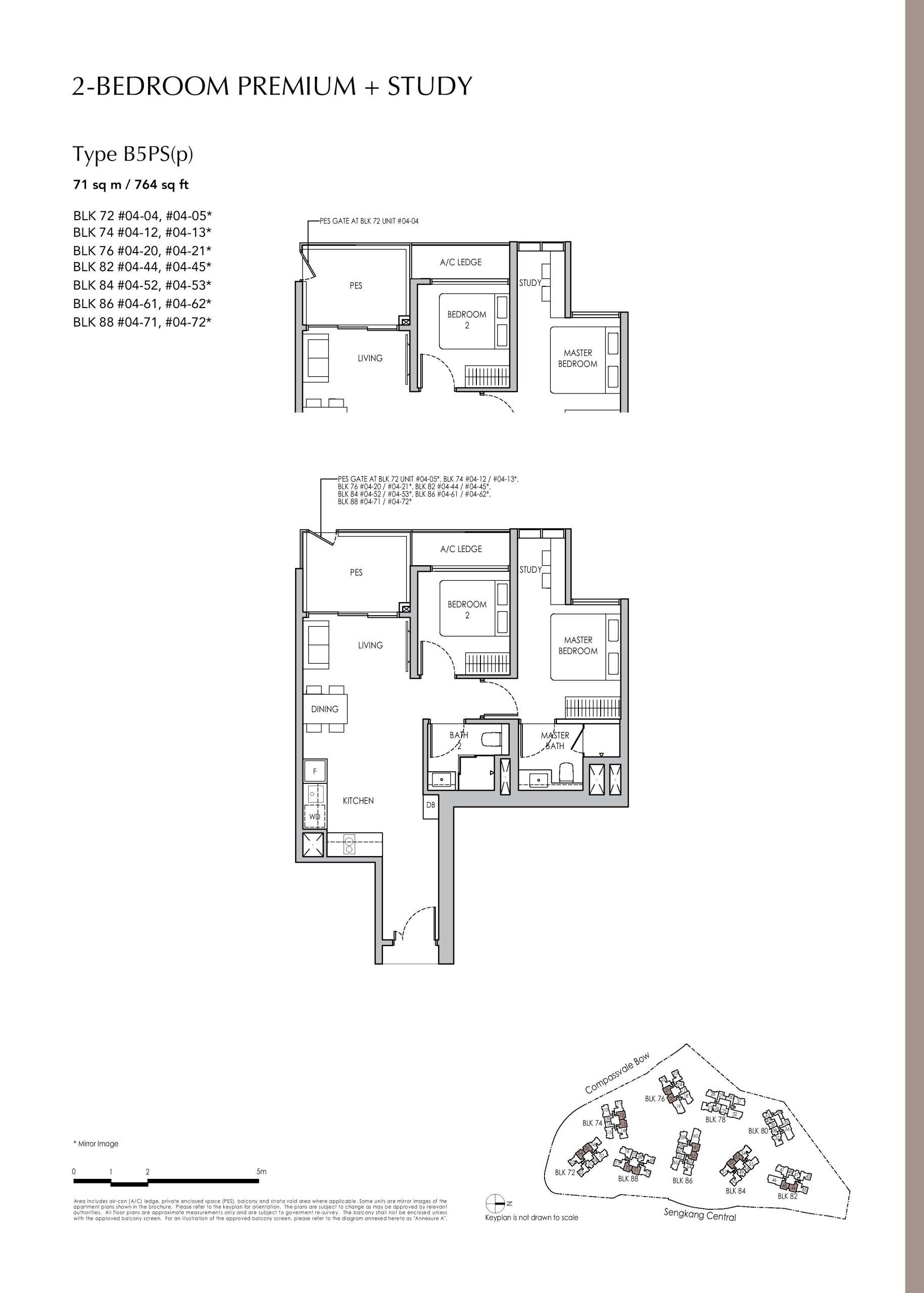 Sengkang Grand Residences 2 Bedroom Premium + Study Type B5PS(p) Floor Plans