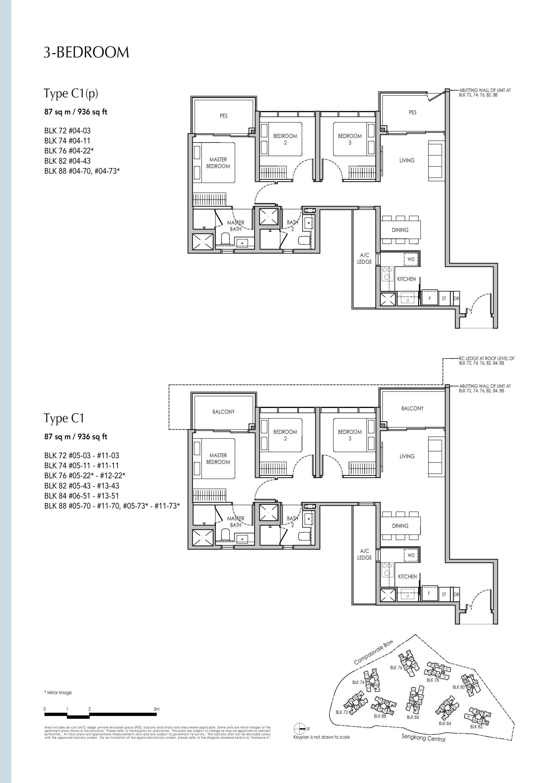 Sengkang Grand Residences 3 Bedroom Type C1(p), C1 Floor Plans