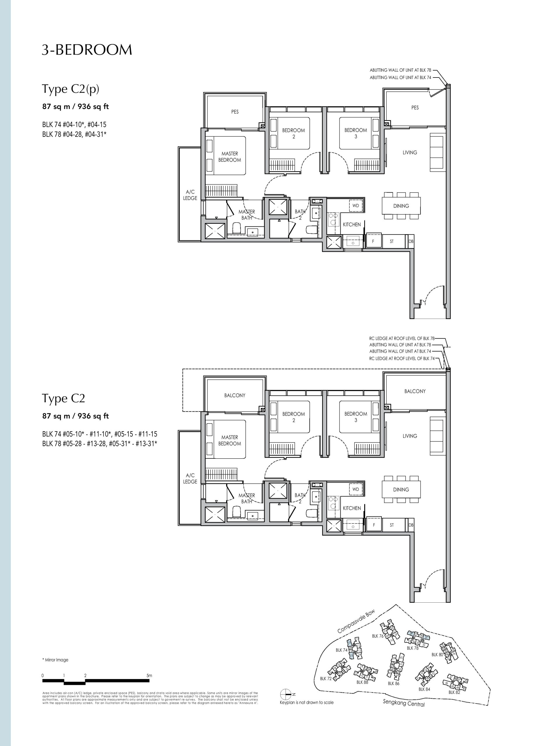 Sengkang Grand Residences 3 Bedroom Type C2(p), C2 Floor Plans